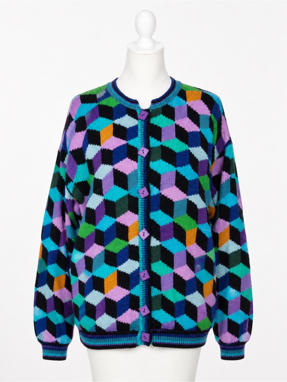 Christine Foley 1980’s Vintage Geometric Knit Cardigan Sweater  Size M Colorful